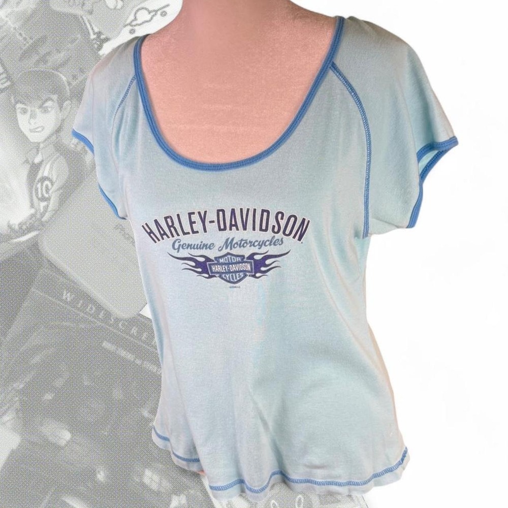 Vintage Y2K Baby Blue Harley Davidson Babydoll Graphic Flames & Barbwire Top
